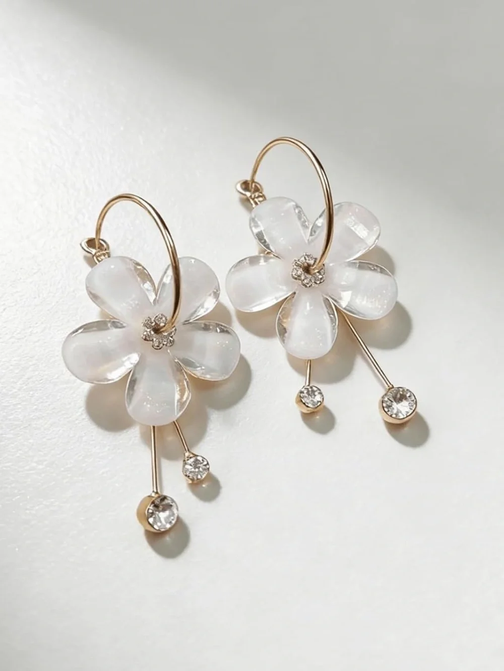 Flora lux Gold-Tone White Flower Hoop Earrings with Crystal Accents